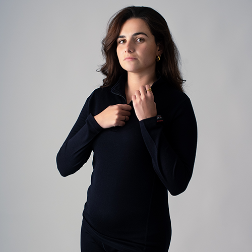T-shirt manches longues col montant zippé en laine mérinos et fibre Silverprotect